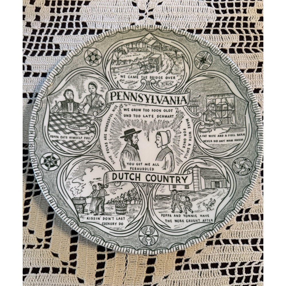 Vintage PA Dutch Country Green Souvenir Plate Amish Folk Art Mint